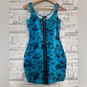 Material Girl Turquoise and Black Leaf Print Mini Dress